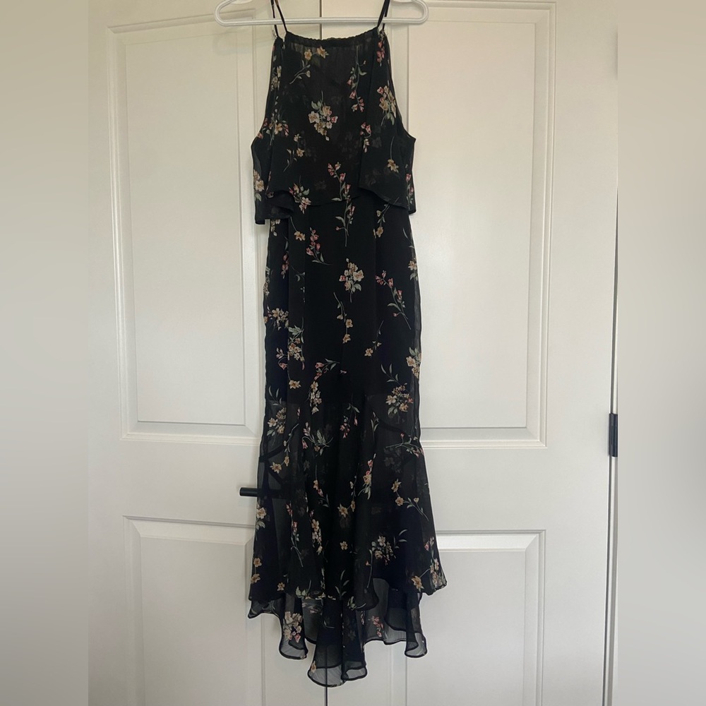 Beautiful Black Floral Dress, Chiffon see-thru with blackout fabric below